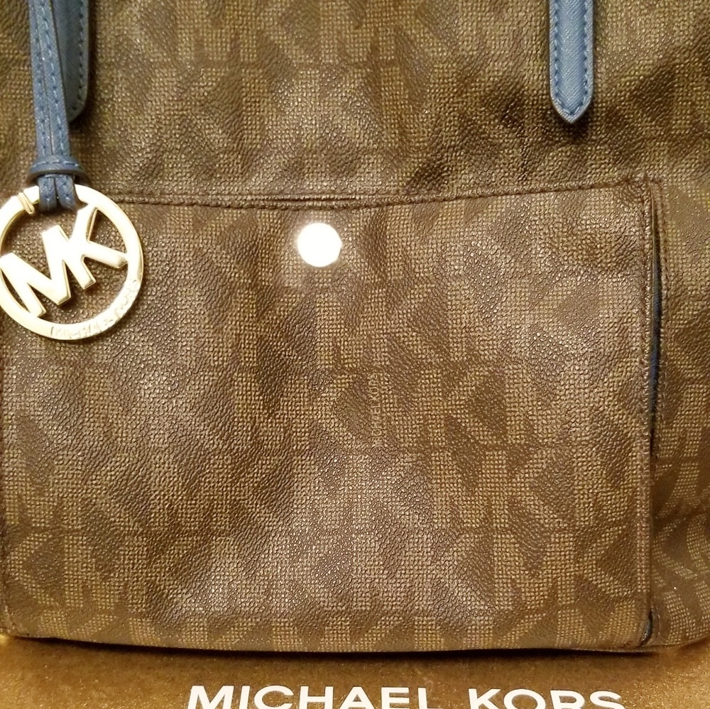 MICHAEL KORS JET SET BLUE/BROWN SIGNATURE TOTE EUC